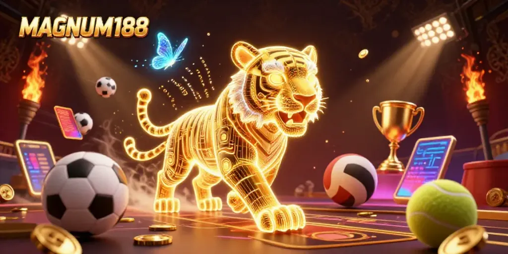 Experience the thrill of MAGNUM188 with a dynamic casino scene featuring a golden tiger and vibrant sports elements.