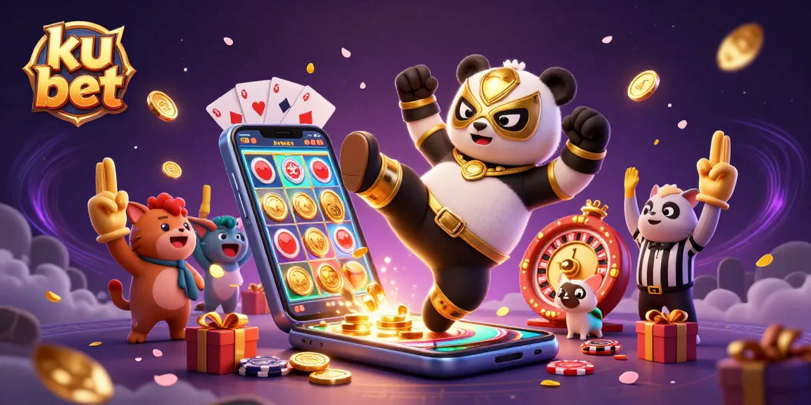 Engaging illustration showcasing ku bet with a panda and chihuahua amid casino action, highlighting vibrant gaming elements.