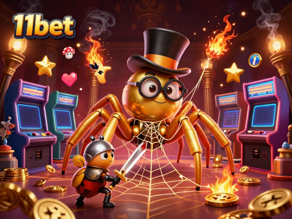 Engage with the captivating world of 11bet, showcasing a golden tarantula and knight in a vibrant casino scene.