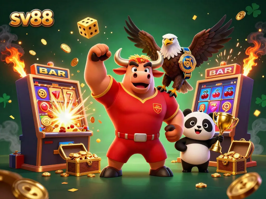 Experience sv88 casino action with a bull mascot, eagle, and panda amid jackpot excitement.