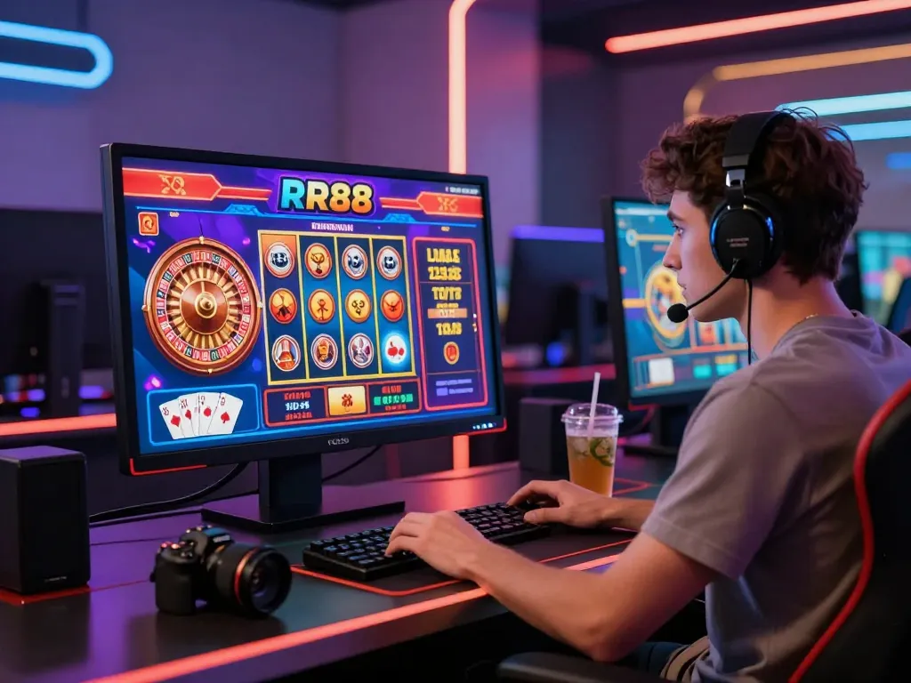 User engaging with RR88 online casino platform showcasing slot games and poker cards in a modern gaming setup.