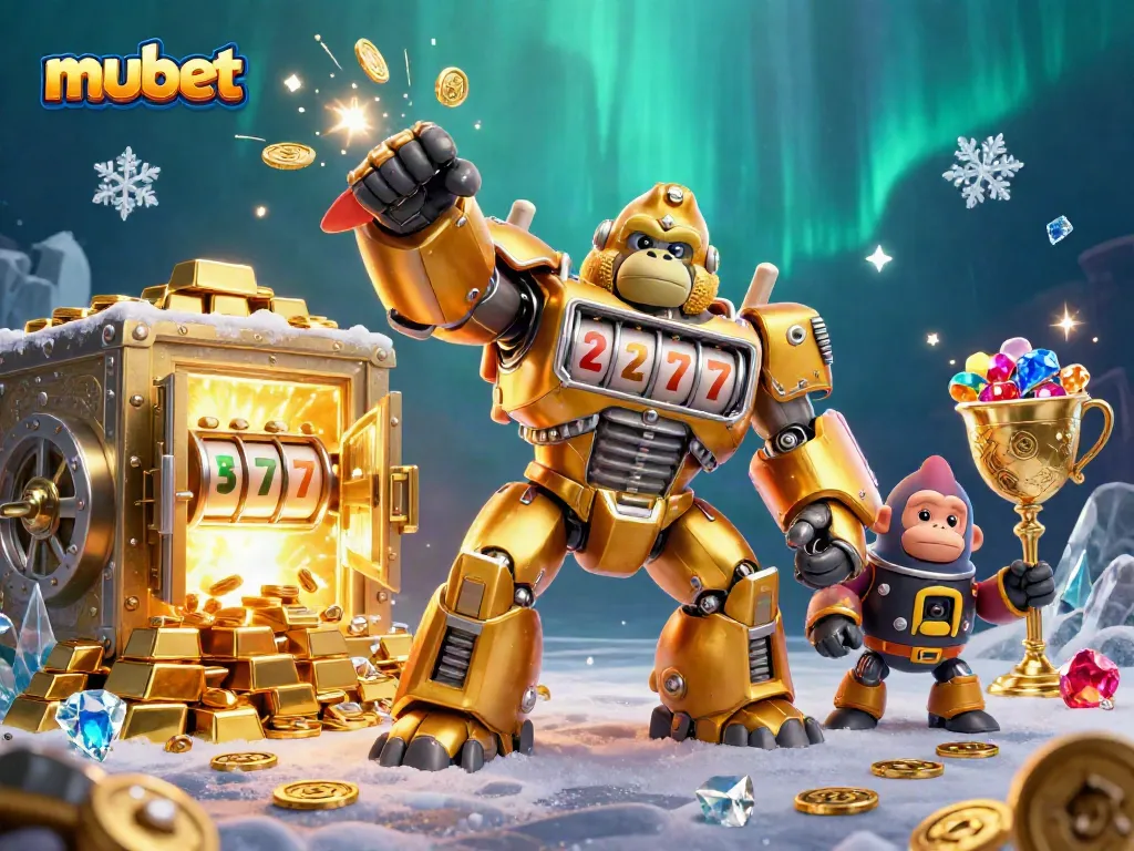Mubet gaming scene featuring a golden gorilla mech amidst treasure with slot machine elements.