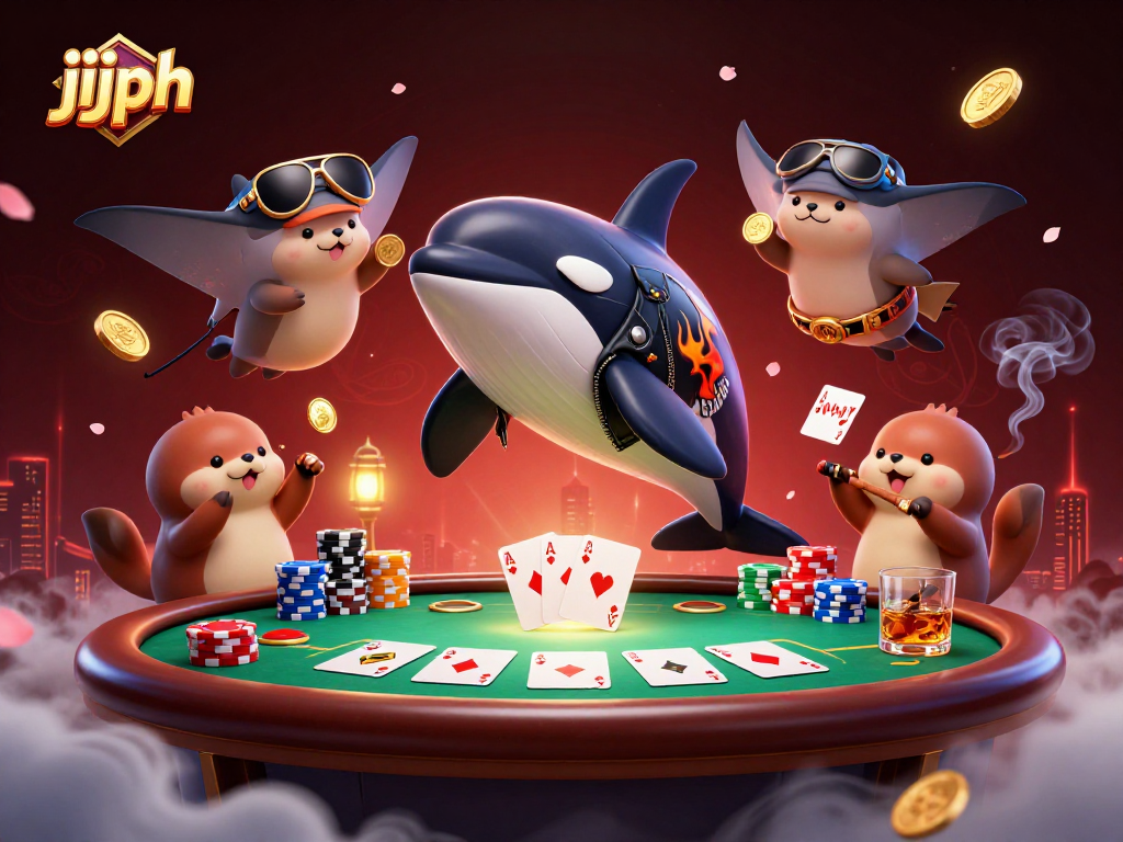 Win big with jjjph at a vibrant 3D casino scene filled with characters and poker elements.