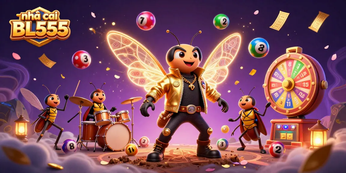 A vibrant 3D scene featuring the nhà cái BL555 logo with a rock star cicada, dynamic lottery elements, and golden confetti.