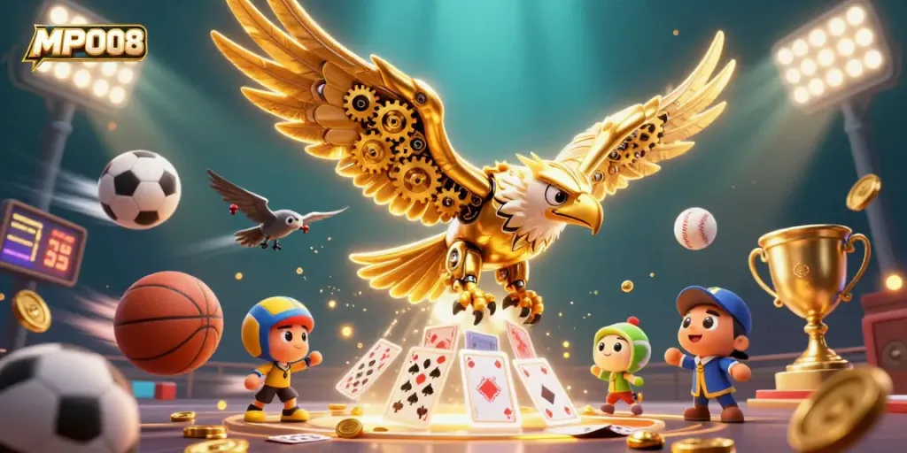 MPO08 showcases an interactive casino scene with a dynamic golden eagle, flying sports balls, and engaging casino elements.