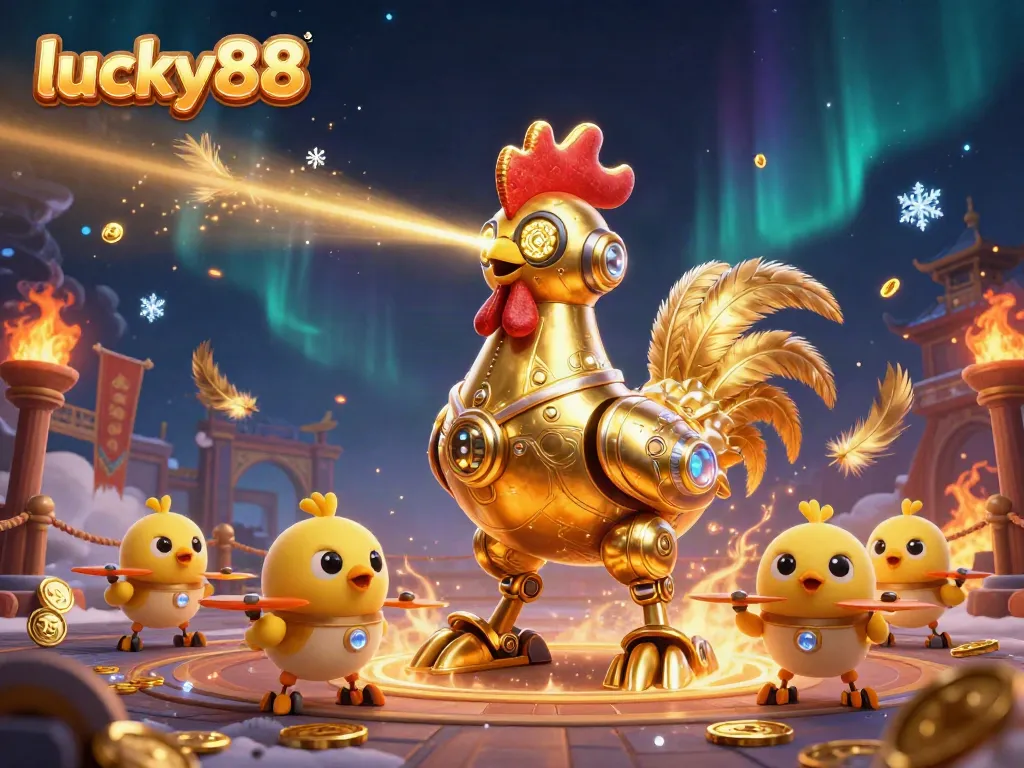 Engage in thrilling action with lucky88, featuring a golden rooster robot and chick drones in a vibrant casino scene.