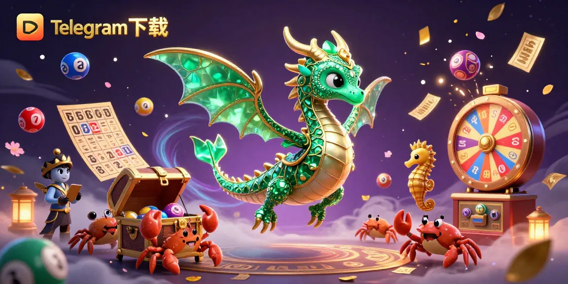 通过生动的3D插图体验激动人心的Telegram下载，展示一条神奇的海龙和丰富多彩的彩票元素。