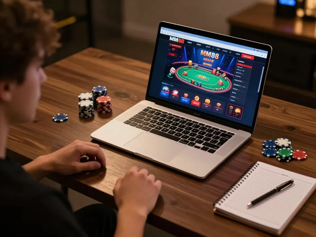 Player using MM88 online poker interface, engaged in strategic gameplay with chips and notebook nearby.