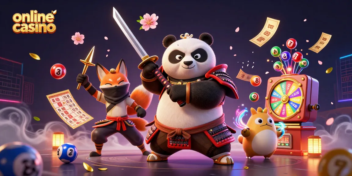 Experience the excitement of online casino games with samurai panda and ninja fox in a vibrant 3D scene.