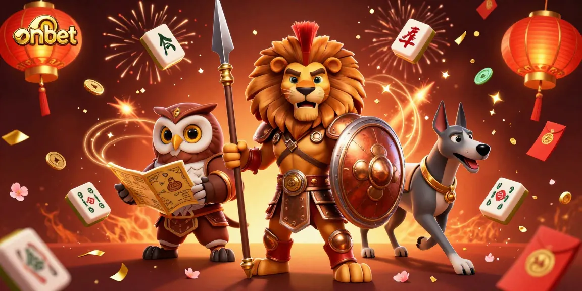 Experience thrilling gameplay with onbet while a Spartan lion, owl strategist, and greyhound messenger engage in a vibrant casino setting.