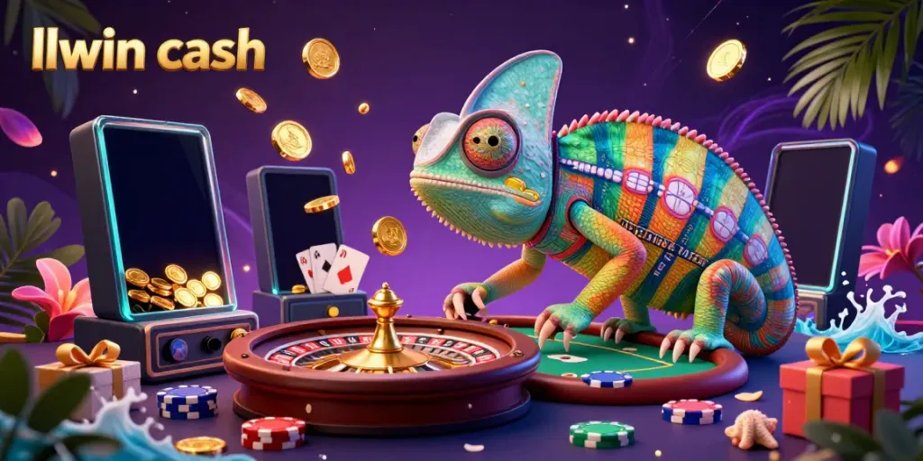 Engage in winning strategies with llwin cash as a chameleon casino owner watches lively games around colorful slot machines.