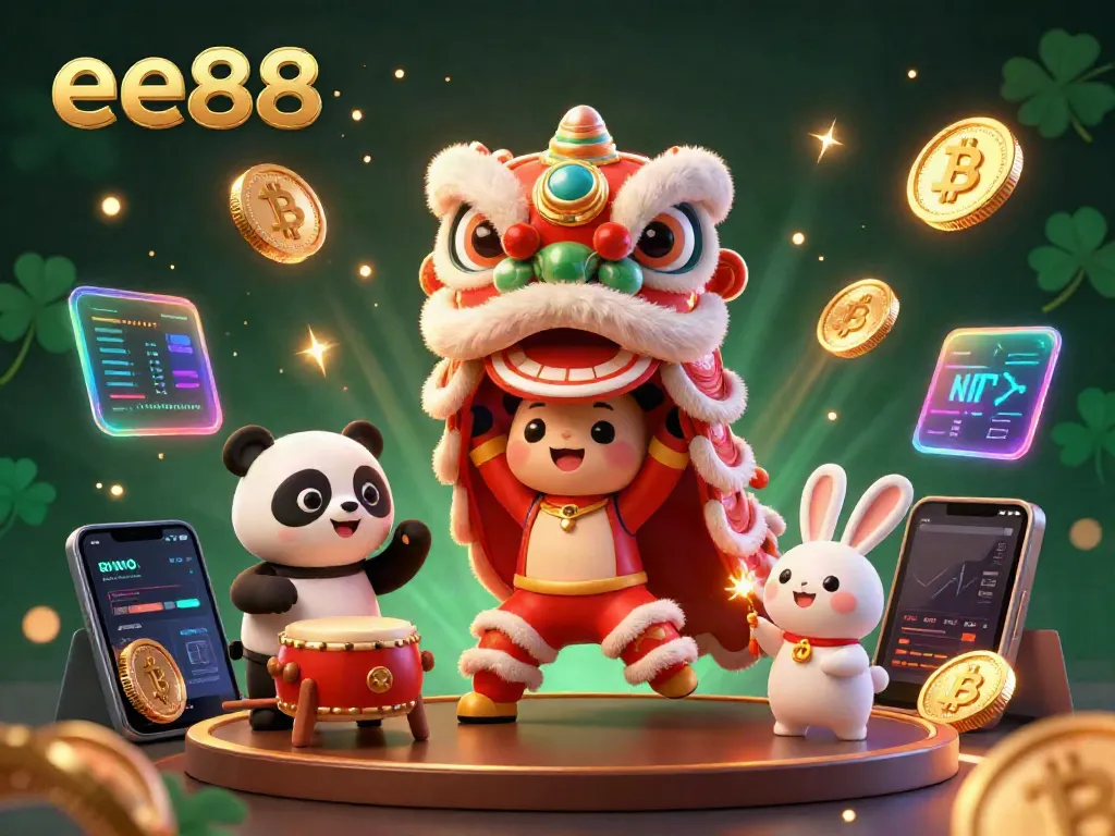 Experience the excitement at ee88 with a vibrant 3D illustration of a Chinese New Year celebration in a lively casino atmosphere.