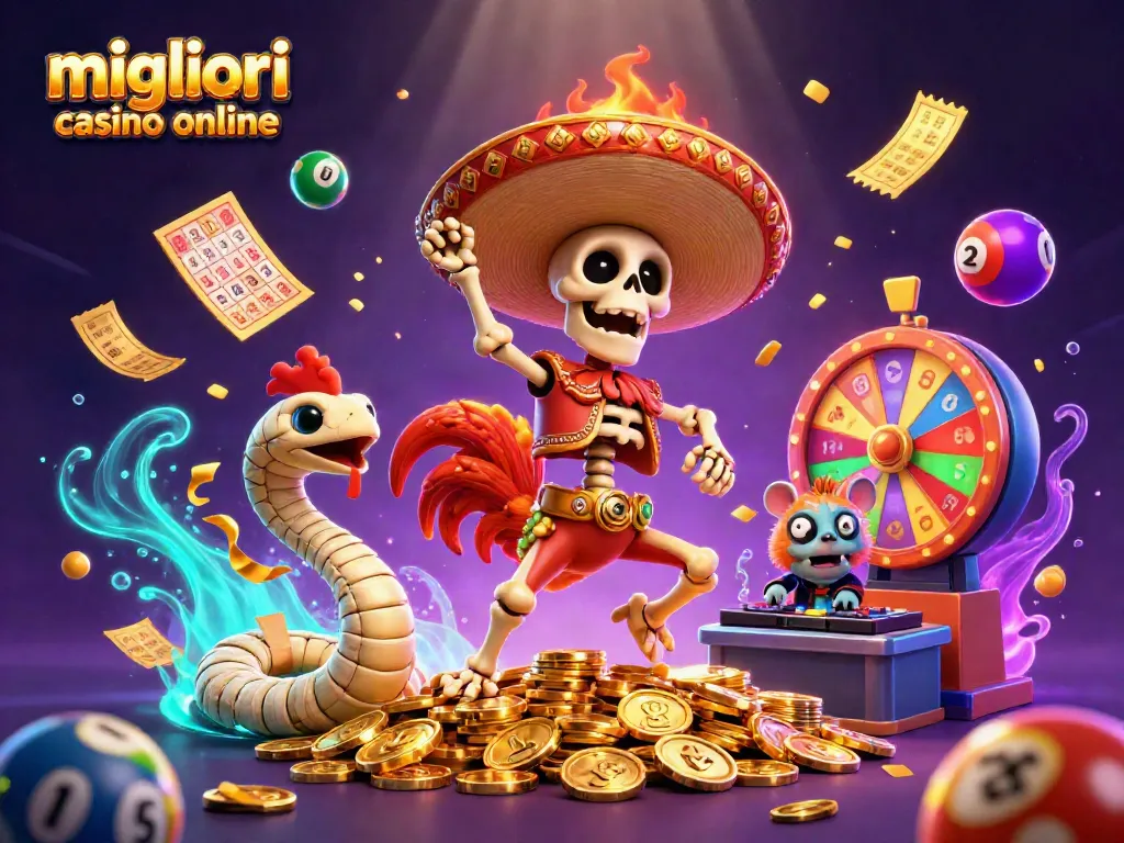 Immagine vivace dei migliori casino online con un rooster mariachi e tante opportunità di vincita.