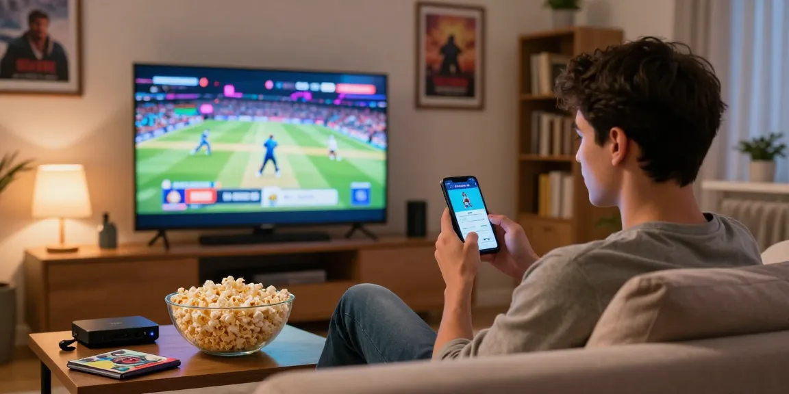 Enjoying Pikashow APK download on a cozy couch, vibrant IPL cricket match glowing on TV in background, inviting home entertainment setting.