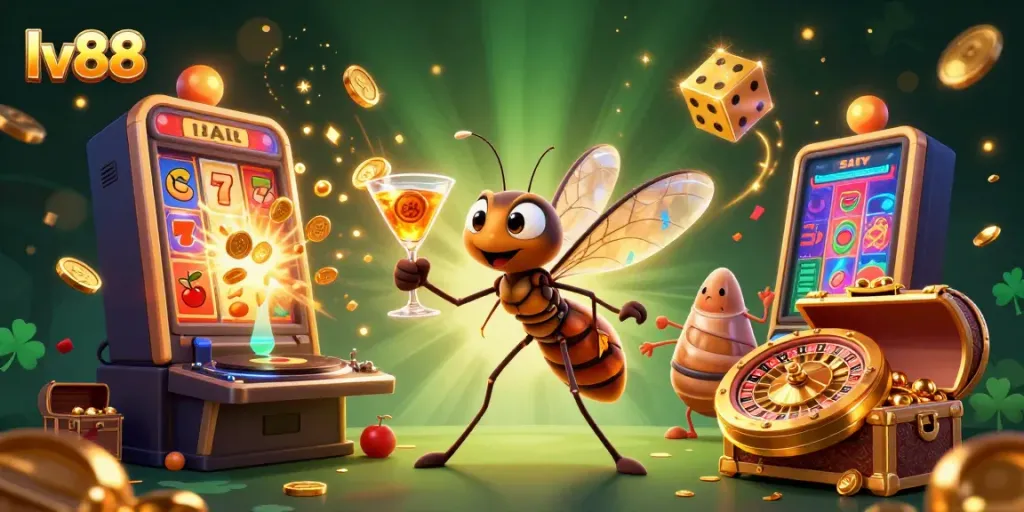 Engage with lv88's dynamic casino atmosphere featuring a lively frozen mosquito mascot amid thrilling slot action.