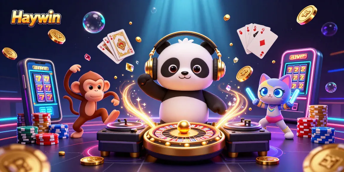 Engage in the excitement at Haywin with 3D characters illustrated in a vibrant casino scene featuring coins and gems.