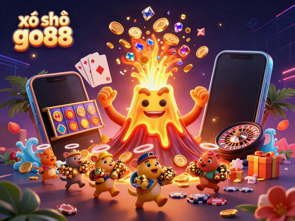 Experience excitement at xổ số go88 with a vibrant scene featuring a triumphing volcano, treasure, and gaming elements.