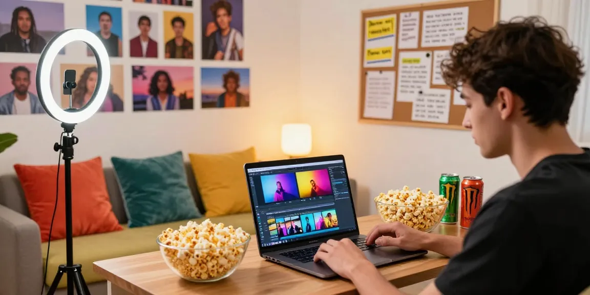 Dynamic home studio environment showcasing the amaleaked archive video creation process with youthful energy and creativity.