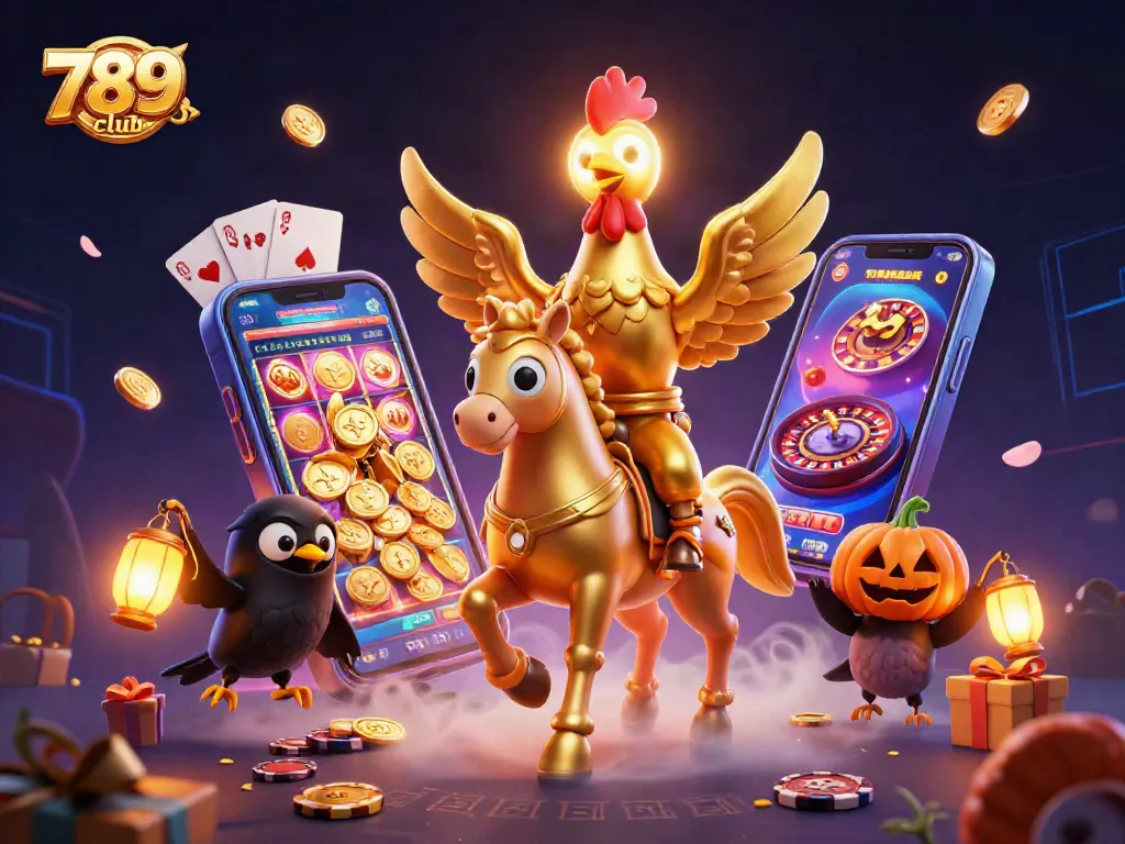 Engage in thrilling games at 789club as a golden rooster rides through a vibrant casino scene.