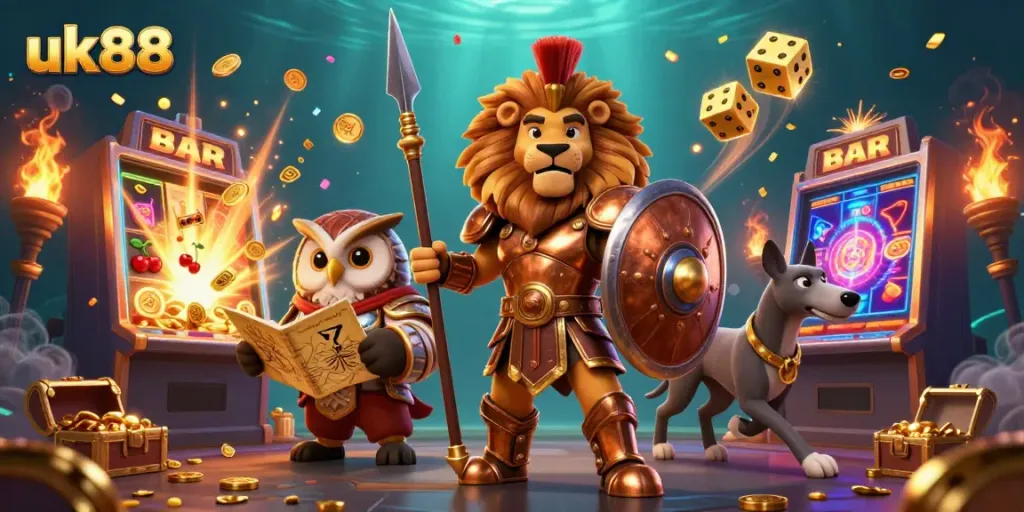 Spin to win big with uk88's immersive casino experience featuring vibrant characters and rich games.