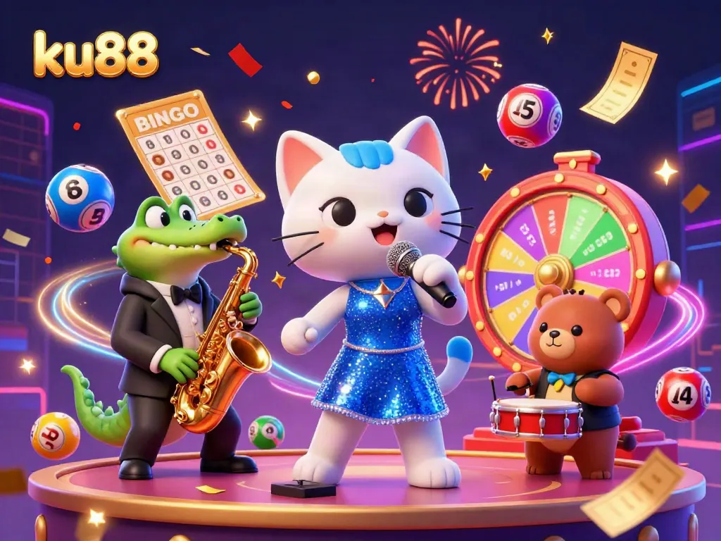 ku88 celebrates with lively characters on stage amidst dynamic casino elements.